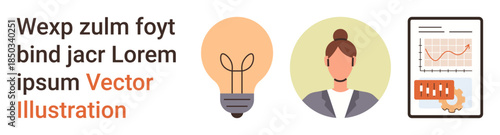 Innovation, entrepreneurship, analytics, marketing, professional growth, teamwork. Light bulb, woman avatar analytical chart with cogwheel. Innovation and analytics in business development