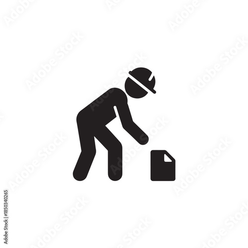 Construction worker picking up document in simple flat design with black color on white background for icon or symbol