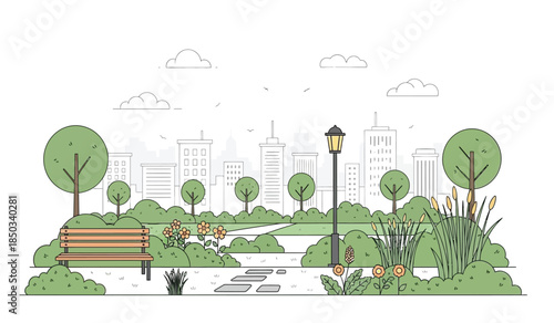 a charming park scene features a winding path lush greenery a quaint wooden bench and a distant cityscape backdrop under a cloudy sky