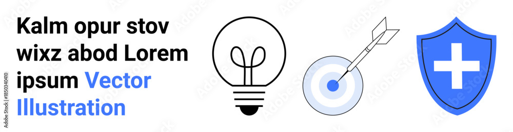 Fototapeta premium Innovation, goal setting, protection, problem-solving, health safety, business planning. Light bulb next to target and shield icons. Innovation and goal setting concept