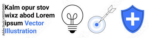 Innovation, goal setting, protection, problem-solving, health safety, business planning. Light bulb next to target and shield icons. Innovation and goal setting concept