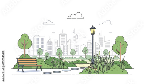 a charming park scene displays a wooden bench nestled amidst lush greenery a lamppost and a distant cityscape under a cloudy sky