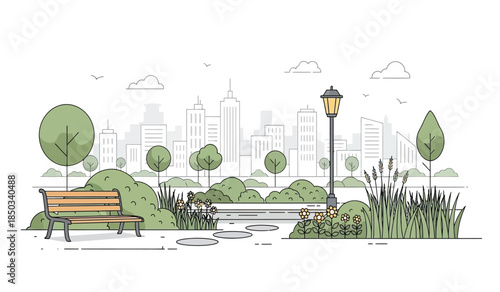 a peaceful park scene with a wooden bench overlooks a cityscape backdrop under a cloudy sky offering relaxation and serenity high quality professional