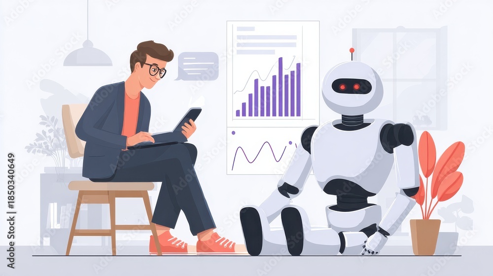 Fototapeta premium man using smartphone and laptop to interact with ai assistant chatbot for data analysis concept of artificial intelligence big data analytics business insight and smart technology integration vec