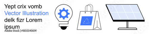 Sustainable energy, e-commerce solutions, renewable resources, technology innovation, clean energy, and shopping trends. Gear inside a light bulb, shopping bag and a solar panel. Renewable energy