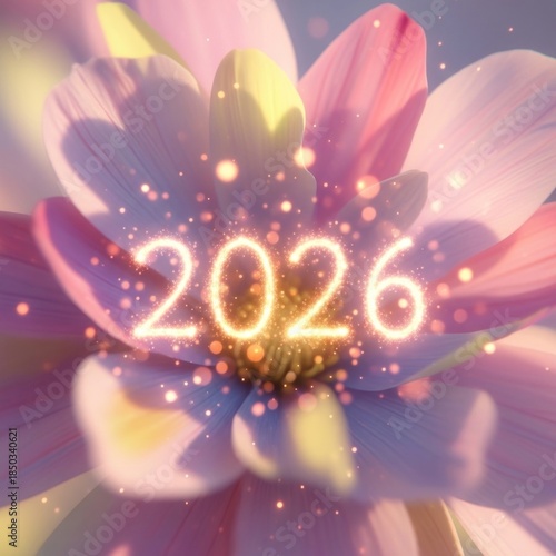 Sparkling 2026 Celebration Scene with Glowing Numerals and Flora.