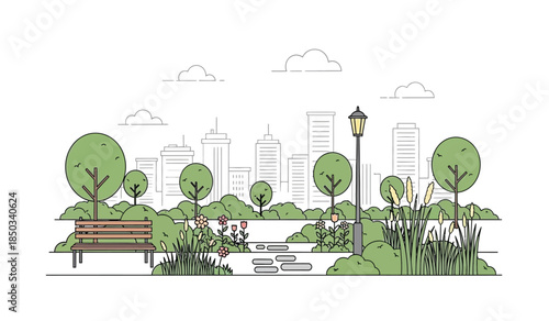 a peaceful urban park scene displays lush greenery a wooden bench distant city buildings and a single lamppost under a cloudy sky