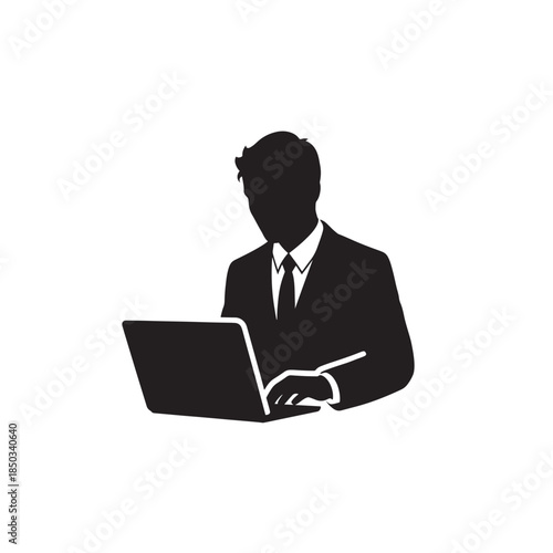 Businessman Silhouette Working on Laptop in Minimalist Black and White Style with Simple Flat Design for Corporate Illustration