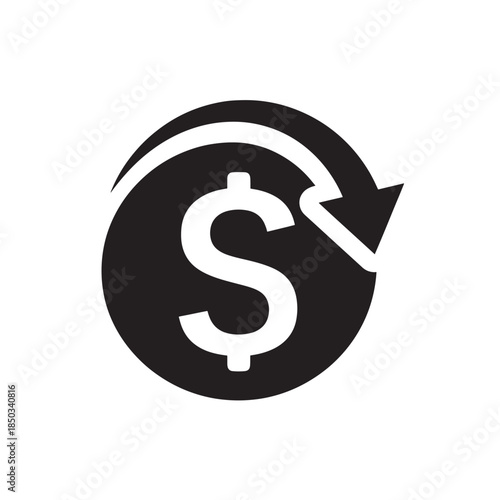 Dollar Sign with Downward Arrow in Black Circle Icon in Simple Flat Design with White Color on Transparent Background for Finance