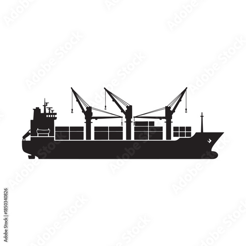 Container Ship Silhouette with Cranes in Simple Flat Design on White Background for Logistics Illustration