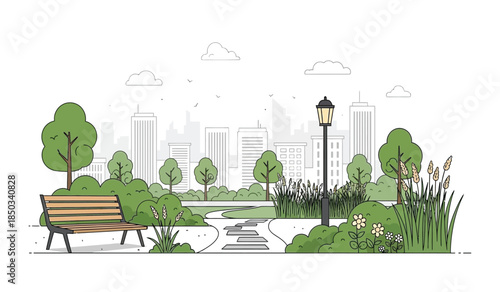 a serene cityscape backdrop features lush green trees a winding path and a wooden bench inviting relaxation in a park setting high quality