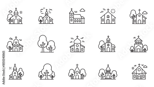 Collection of line-art icons featuring churches and trees in simplistic graphic style, set against a stark white background