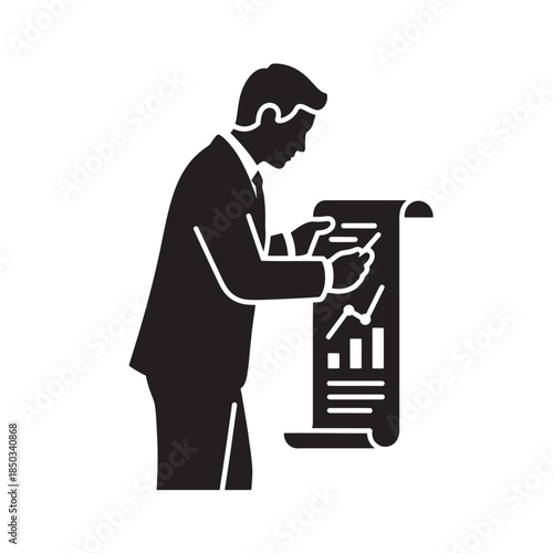 Businessman analyzing graph on digital tablet in modern minimalist style with monochromatic black and white color scheme for corporate presentation