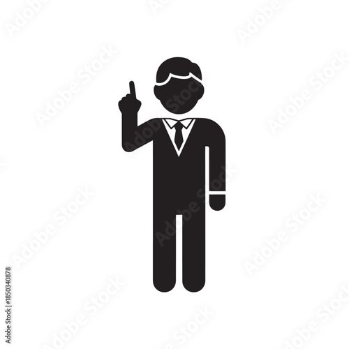 Businessman with raised index finger in minimalist black silhouette with simple gesture for corporate icon