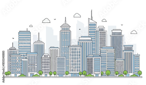 A minimalist illustrative cityscape depiction showcases tall modern buildings with a light blue and gray palette complemented by small clouds and greenery