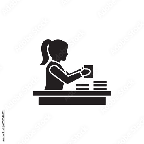 Woman scanning books in simple flat design with black silhouette on white background for education
