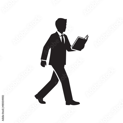 Businessman walking with book in monochrome silhouette style on white background for corporate illustration