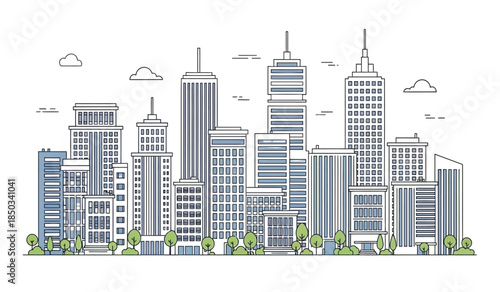 A detailed illustration showcases a sprawling cityscape with numerous tall modern buildings and a serene sky above depicting urban life high quality professional