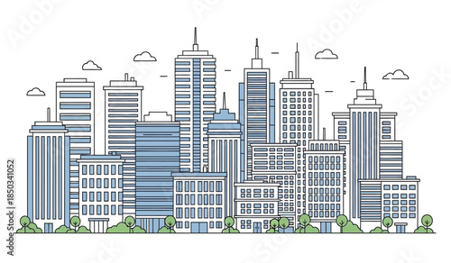 A detailed line art illustration showcases a modern cityscape featuring numerous tall buildings green trees and fluffy white clouds against a white background