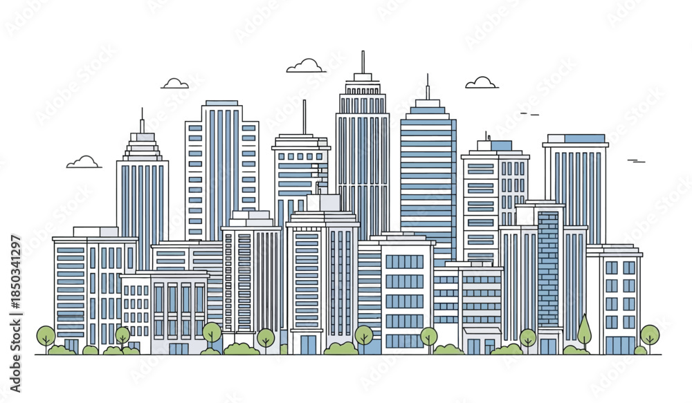 Fototapeta premium A vibrant skyline illustration features a cluster of tall modern skyscrapers in varying shades of blue and gray with small clouds and trees