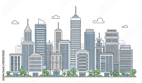 A simplified linear illustration depicts a modern city skyline with numerous tall buildings and a few scattered clouds above high quality professional detailed