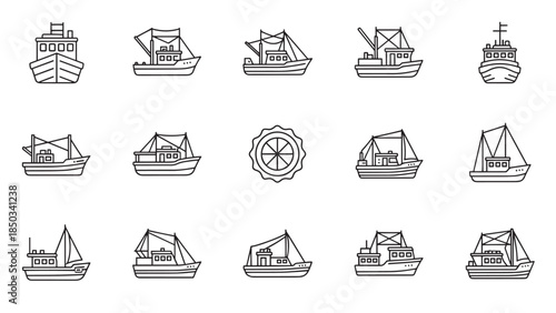 Collection of line-art icons representing diverse boats with masts, cabins, sails, and circular design on white