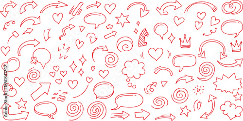 Red Hand-Drawn Doodle Arrows, Hearts, Stars, and Speech Bubbles Collection - Design Elements