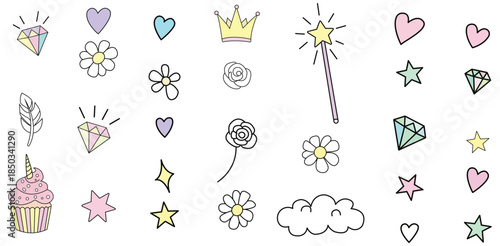 Cute Pastel Fairy Tale Elements - Cupcake, Crown, Magic Wand, Stars, Hearts, Diamonds