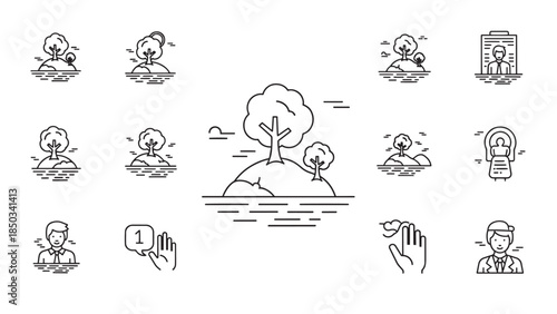 Collection of line-art icons showing islands with trees and people, minimalistic and uniform on a white background