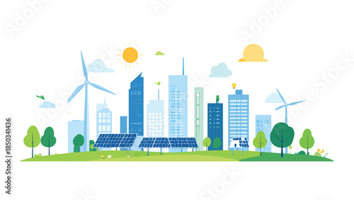 Sustainable City with Solar Panels and Wind Turbines – Eco-friendly Vector Illustration
