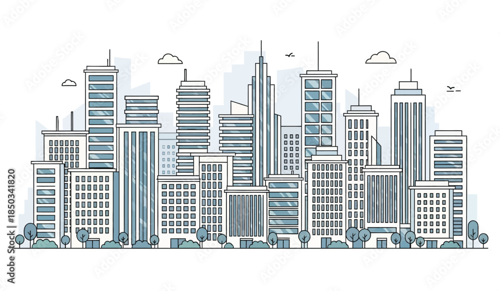 Αυτοκόλλητο a detailed illustration showcases a modern cityscape with numerous tall skyscrap