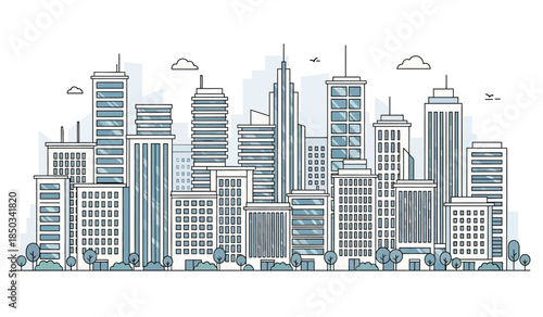 a detailed illustration showcases a modern cityscape with numerous tall skyscrapers featuring distinct architectural designs and a clear blue sky backdrop high quality
