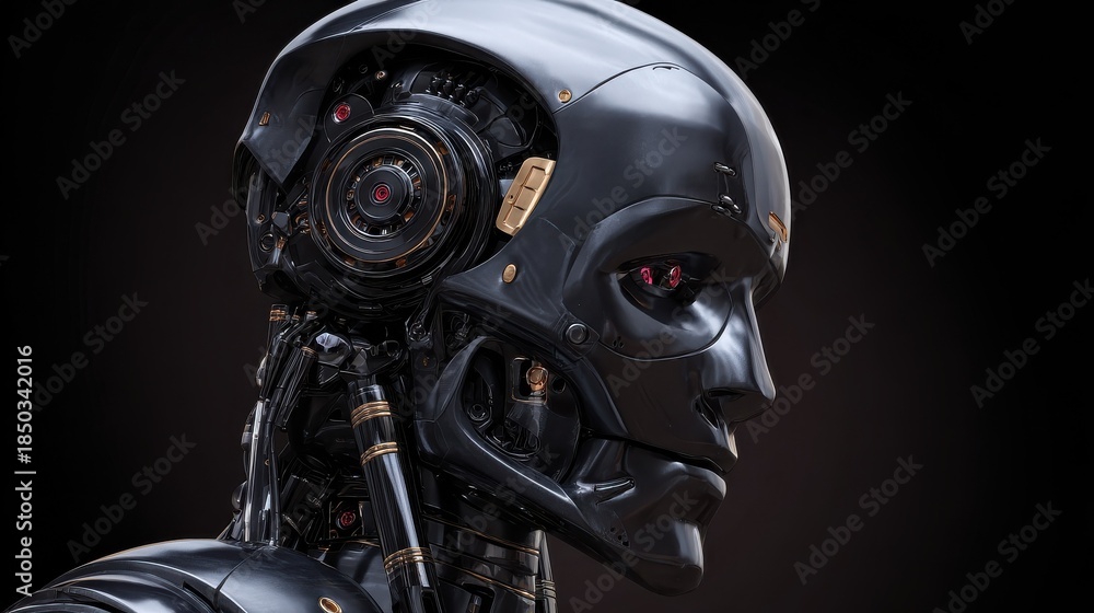 Fototapeta premium black robot head with dark background