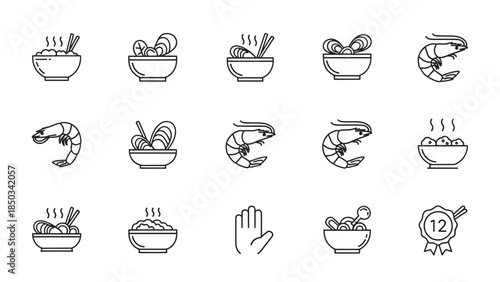 Collection of minimal outline icons featuring shrimp, noodles, shellfish, bowls and hand signs