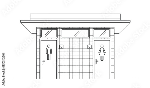 A simple black and white line drawing depicts a public restroom facade with separate male and female restroom doors showcasing basic architectural elements