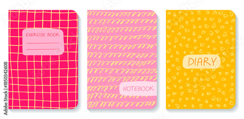 Patterned vector exercise books for educational materials. Perfect for children's designs or journaling. Editable EPS format for creative templates.