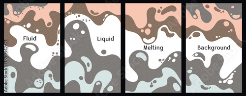 Melting colorful waves pattern summer banners. Bubble splashes and streams vector templates set. Fluid liquid flowing paint patterns. Wavy surface posters. Fluid with bubbles, melting shapes