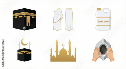 Islamic Pilgrimage and Travel Icons Kaaba, Ihram, Zamzam Water, Mosque, and Hajar Al-Aswad