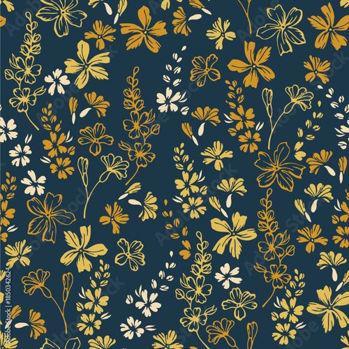 Little meadow buttercup flowers endless pattern vector design. Millefleurs beautiful motif. Rustic chic fabric print with flower inflorescences. Buttercups bloom summer print.