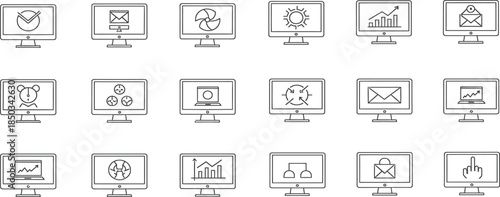 A collection of computer monitor editable icons on white  depicting various business and technology-related concepts.