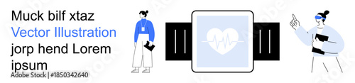 Wearable tech, digital health, remote monitoring, telemedicine, fitness tracking, modern healthcare. Two figures with a smartwatch displaying a heart rate. Wearable tech and digital health concept