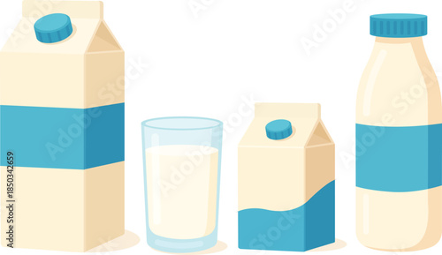 Milk pack. Milk bottle icon set. Set of milk in different packages: glass, carton, bottle. Vector illustration in flat style