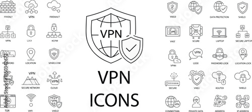 Cyber Security VPN Line Icon Set Featuring Virtual Private Network Shield Protection Data Privacy Encryption Firewall and Secure Internet Connection Symbols for Web Design