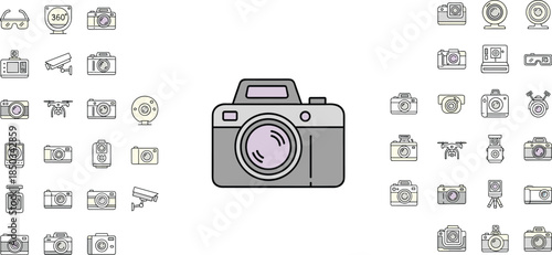 Digital Camera and Photography Icon Set Featuring DSLR Mirrorless Video Equipment Action Cam Drone and Surveillance Symbols for Media Production Web Interface Design 