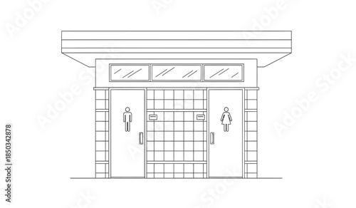 A simple black and white line drawing depicts a public restroom entrance with gendered pictograms indicating male and female facilities and a slatted door