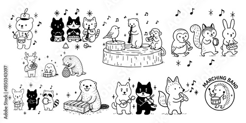 動物たちの小さな音楽隊イラストセット、Small Animal Marching Band Illustration Set