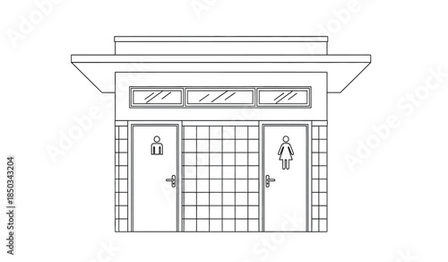 a simple line drawing depicts a public restroom facade with separate doors marked for men and women showcasing essential accessibility symbols high quality