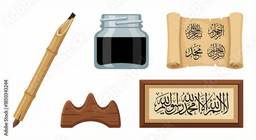 Traditional Islamic Calligraphy Art and Tools Collection featuring Bamboo Pen, Inkpot, and Ornate Arabic Script Scrolls and Framed Designs