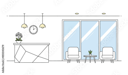 a minimalistic interior design showcasing a reception desk comfortable seating area and large windows creating a bright and welcoming workspace environment high quality