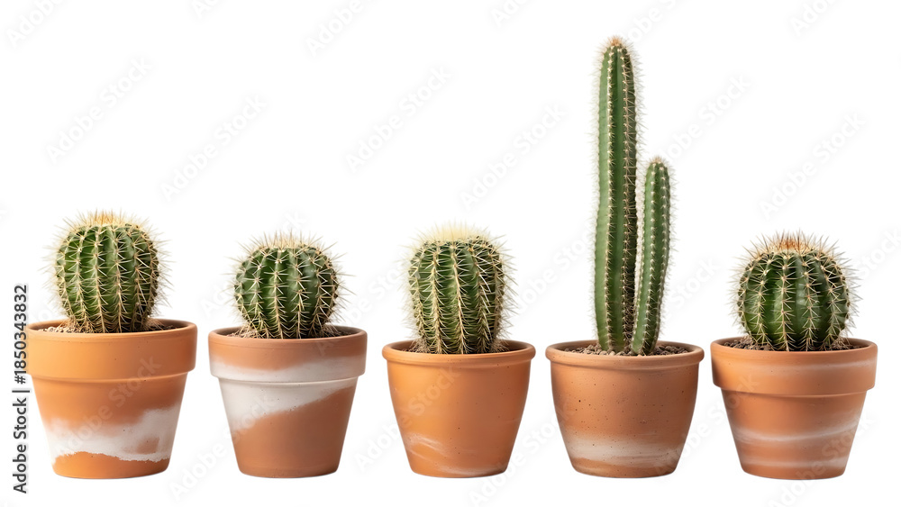 Fototapeta premium Five Potted Cacti in Terracotta Pots on White Background